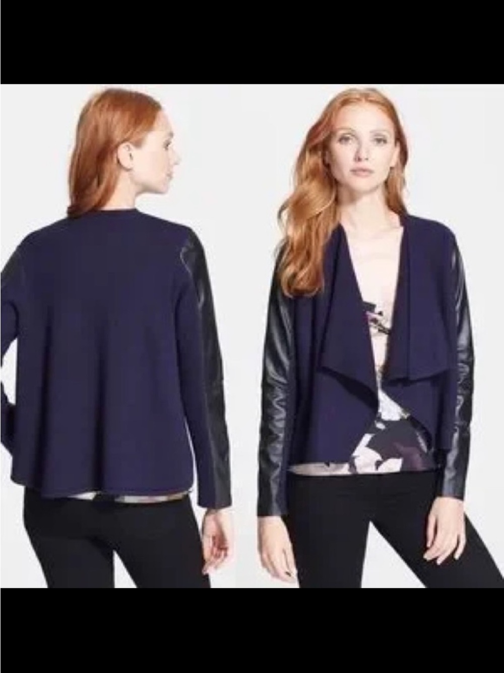 NWT TED BAKER Gaeton Navy and Black Leather and Wool Cardigan Jacket